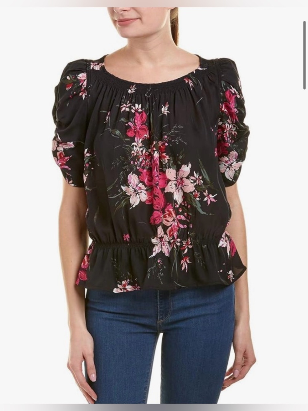 Joie Black silk Floral Puff-Sleeve Blouse